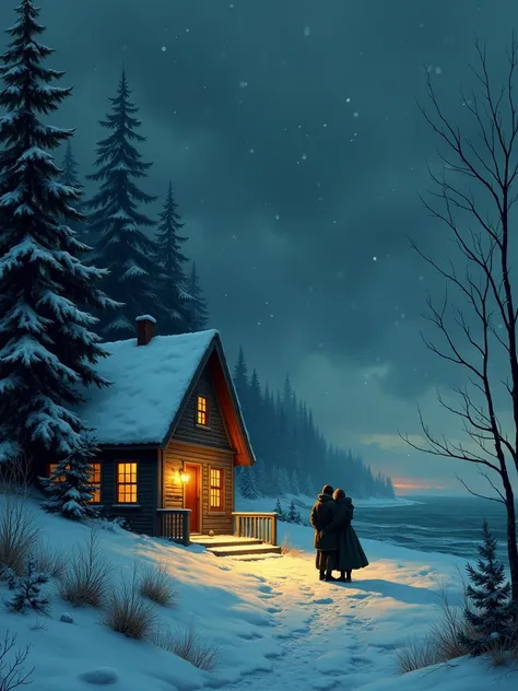 it sounds like you're envisioning a beautiful winter scene inspired by edward hopper's style, featuring a couple on a stormy isl...