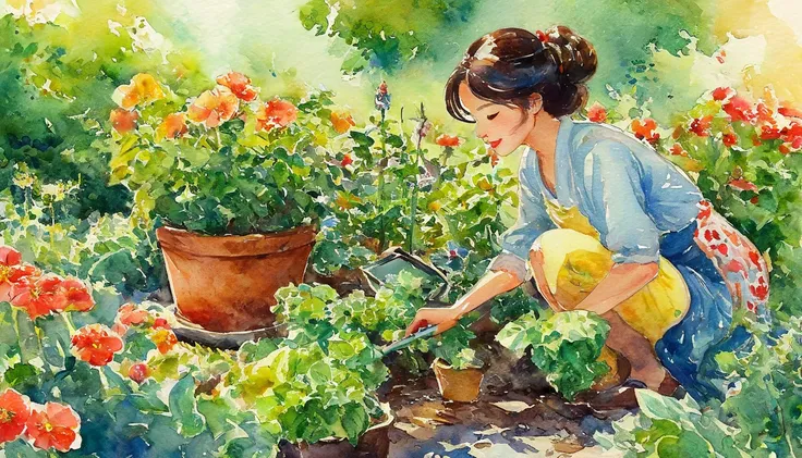 comic illustration,  pop and cute illustration, watercolor, woman gardening, 犬が蝶々i'm playing with ,