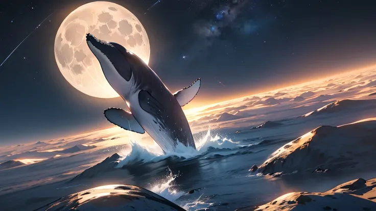 a humpback whale jumps out of the water and over the shining moon, its full body glowing with light on top of it. the scene is h...