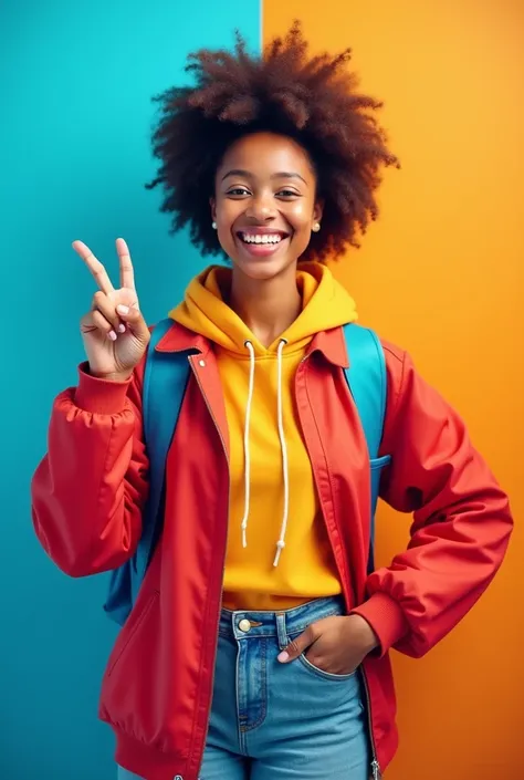 Image of a confident student , sorrindo e apontando para o botão de “follow” no Instagram. The background should be more vibra...