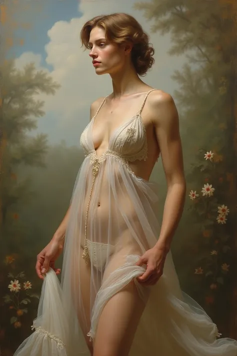 A painting done in the style of Rafael , a beautiful Caucasian feminine man, with a curvy body, dressed in a transparent dress.