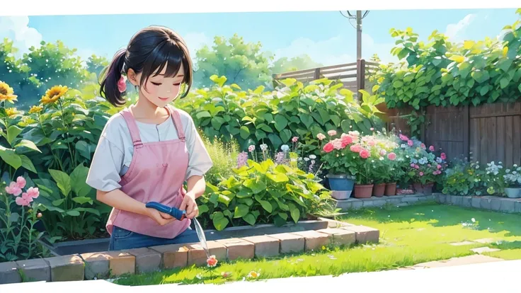 comic illustration,  pop and cute illustration, watercolor, woman gardening, 犬が蝶々i'm playing with ,