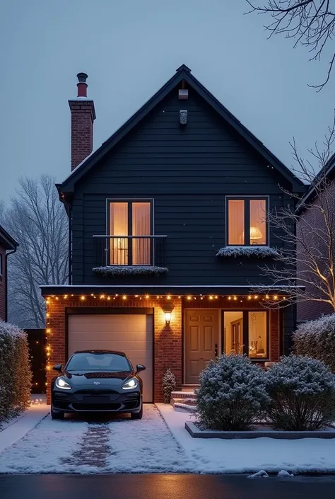 Modern English style house with brick LED lights, with straight black fallen tiles two-story , with elegant windows , and a sm...