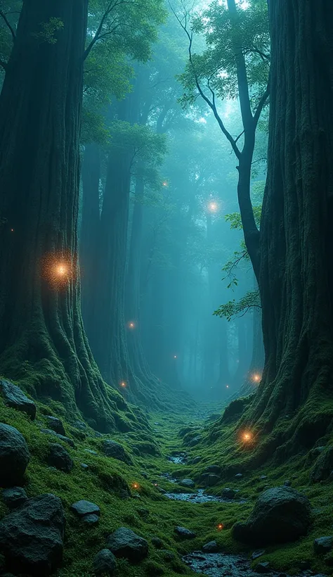 a dense rainforest at twilight, illuminated by faint, glowing orbs that hover between ancient trees. the ground is covered in vi...