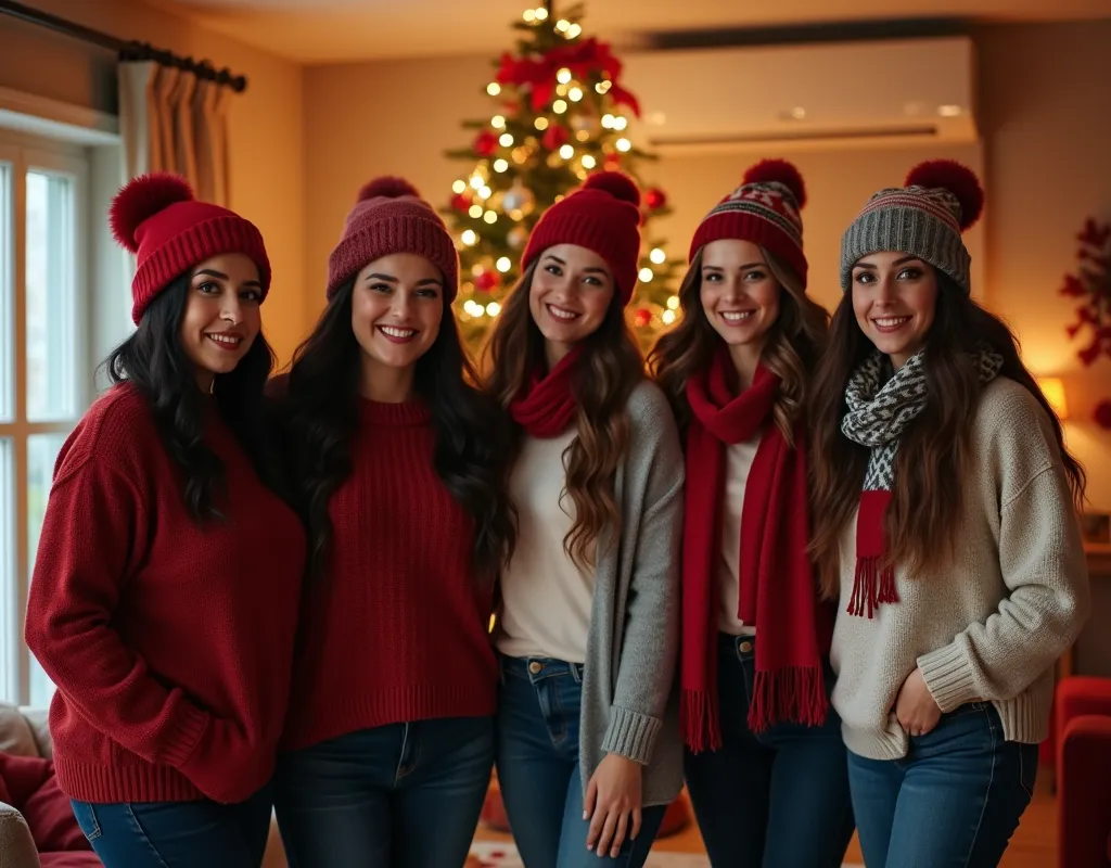 a festive, high-resolution group portrait of a woman and her five cousins dressed in coordinated winter outfits, standing in fro...