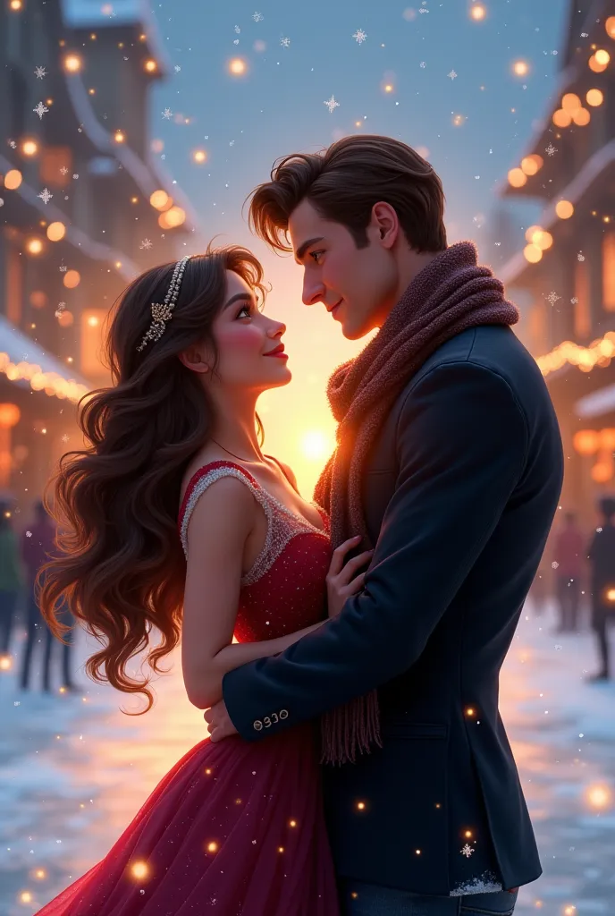 a magical disney scene of love. a gorgeous 18 yearold european woman with dark long curly hair, coffe marron eyes, olive gorgeou...