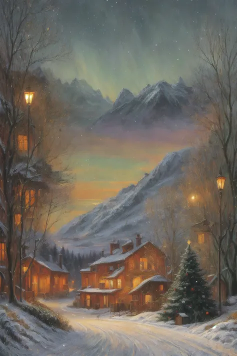 surrealism,magical night.  winter landscape.  in the background are snow-capped mountains ,  in the foreground are triangular ch...