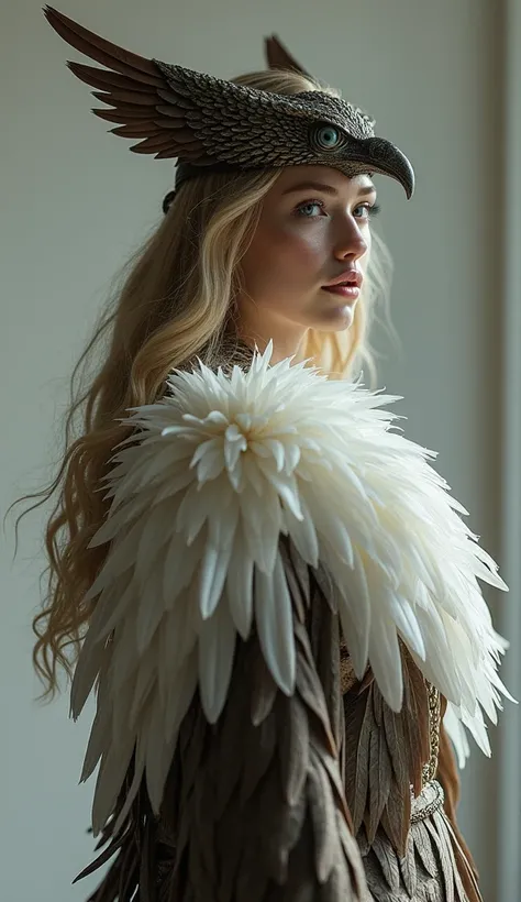 a young woman with blond hair, standing profile, serene look, wearing Paul Gaultier style eagle feather coat, she is wearing a m...