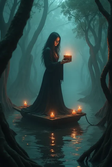 sinister girl sails standing on a raft over a dark mangrove forest,  between roots and fog ,  she stares intently at the spectat...