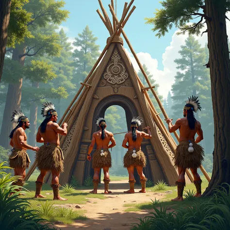 iroquois men setting poles for their communal house. iroquois are north american indians .