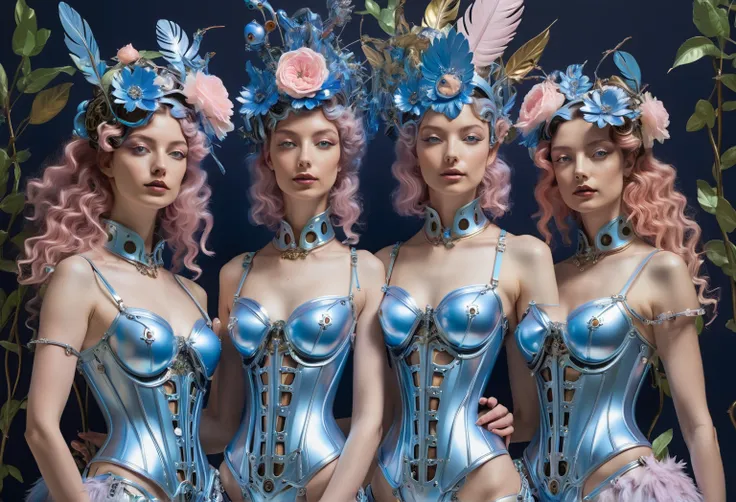 in the cyber renaissance style, ((a painting of botticelli)), cyborgs are the three graces, (3girls:2.0 (clones, metallic light ...