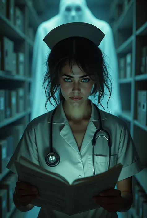 recreate this nurse with a worried face a ghost behind her without her realizing it reading medical files and protuaries she has...