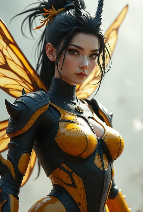 “Design a hybrid hornet woman with Japanese facial features: delicate yet striking eyes, a refined nose, and soft yet expressive...