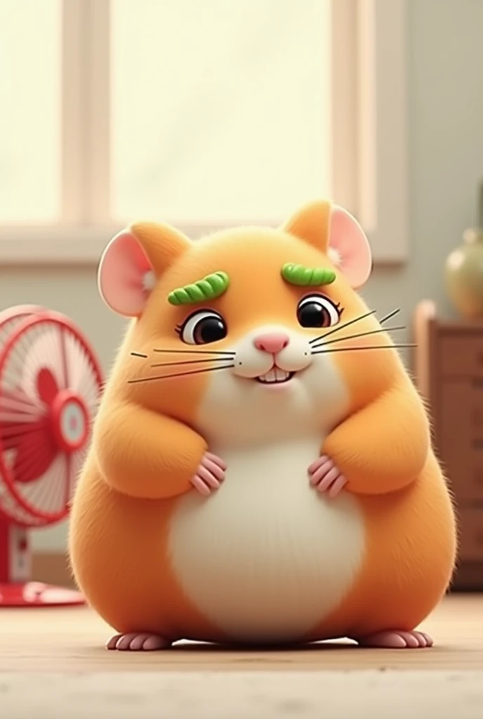 hamster character 、 chubby animated character 、 hamster 、 with a chubby and round face、
green leaf eyebrows, 、 black eyes, and a...