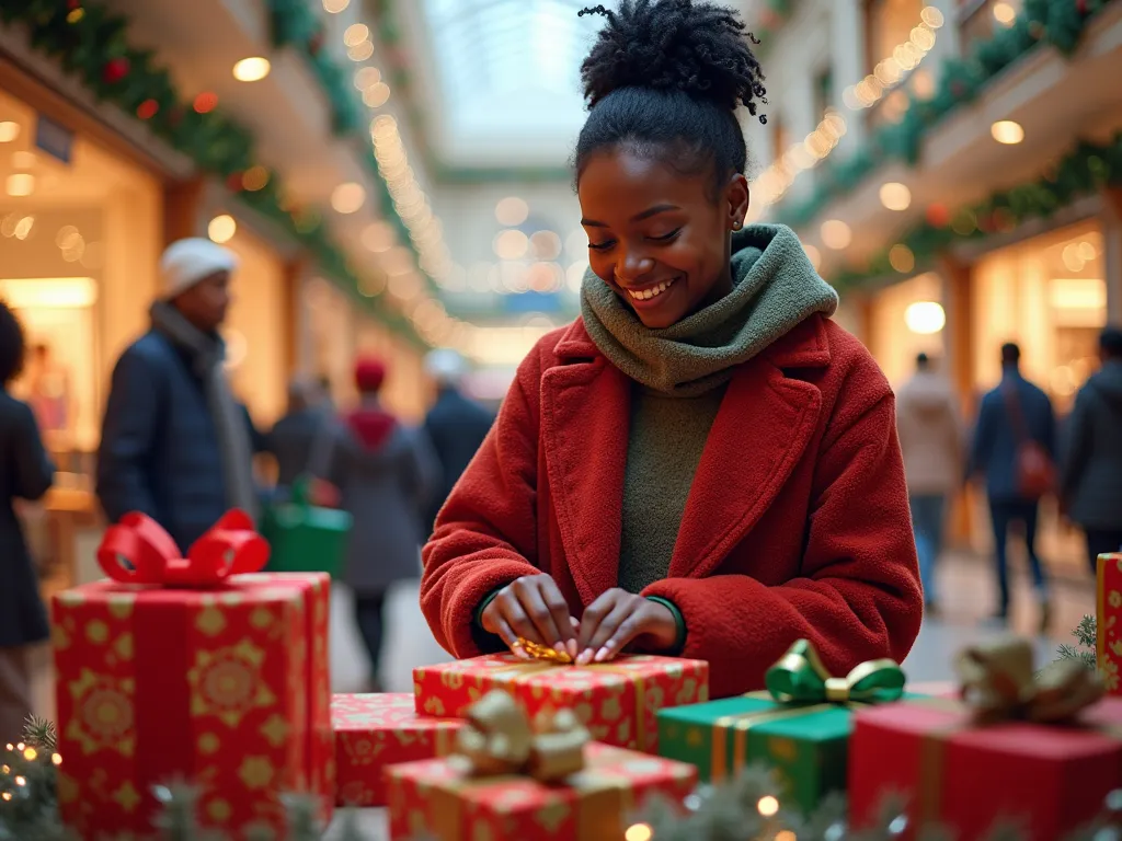 background of christmas gift wraping with african person in a mall