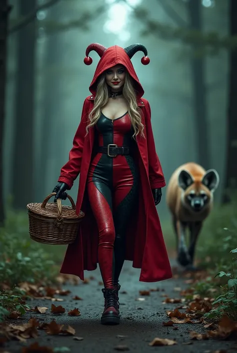 a densely wooded area of the black forests of thuringia in germany.  we see harley quinn dressed as red riding hood is walking a...