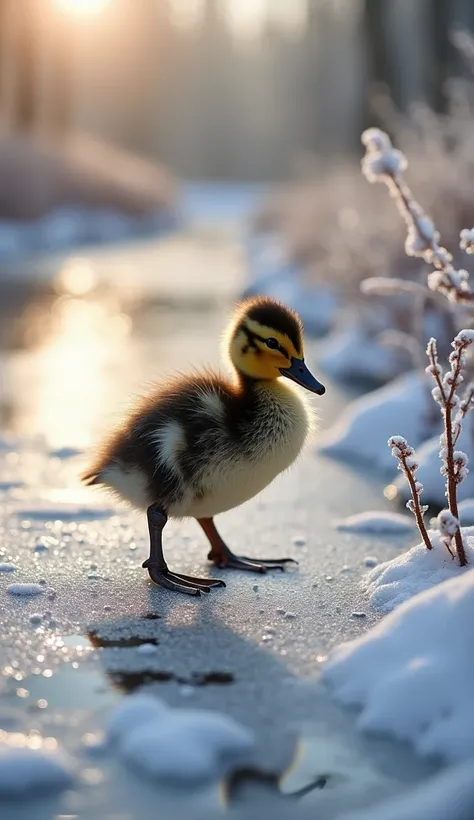 a baby duckling stepping on a thin layer of sparkling snow near a frozen stream, with delicate frost-covered plants in the backg...