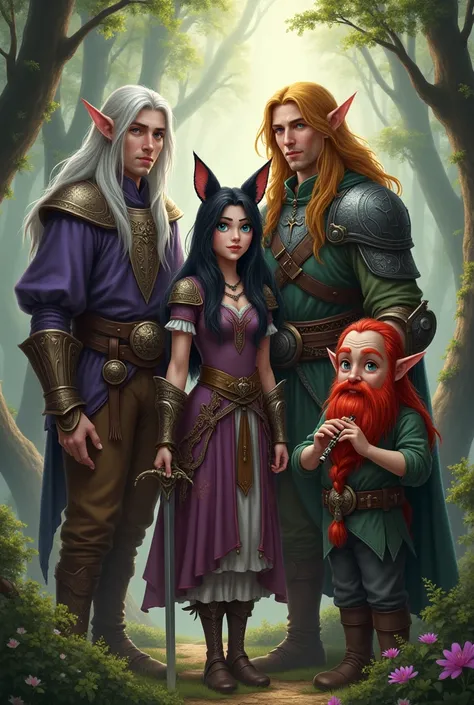 dans un univers médiéval fantasy.
quatre personnages. la première est une elfe aux cheveux mi-longs argentés blanc vetue d'une c...