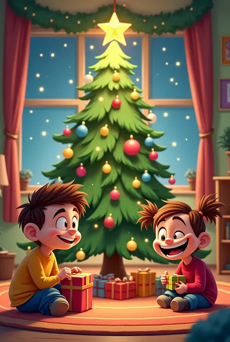 A cartoon with three ren sitting around the Christmas tree