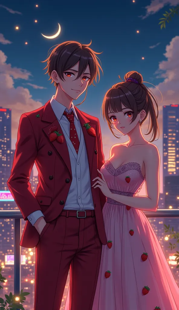 "an anime-style young man standing confidently on a rooftop at night, dressed in a stylish, strawberry-themed outfit. he wears a...