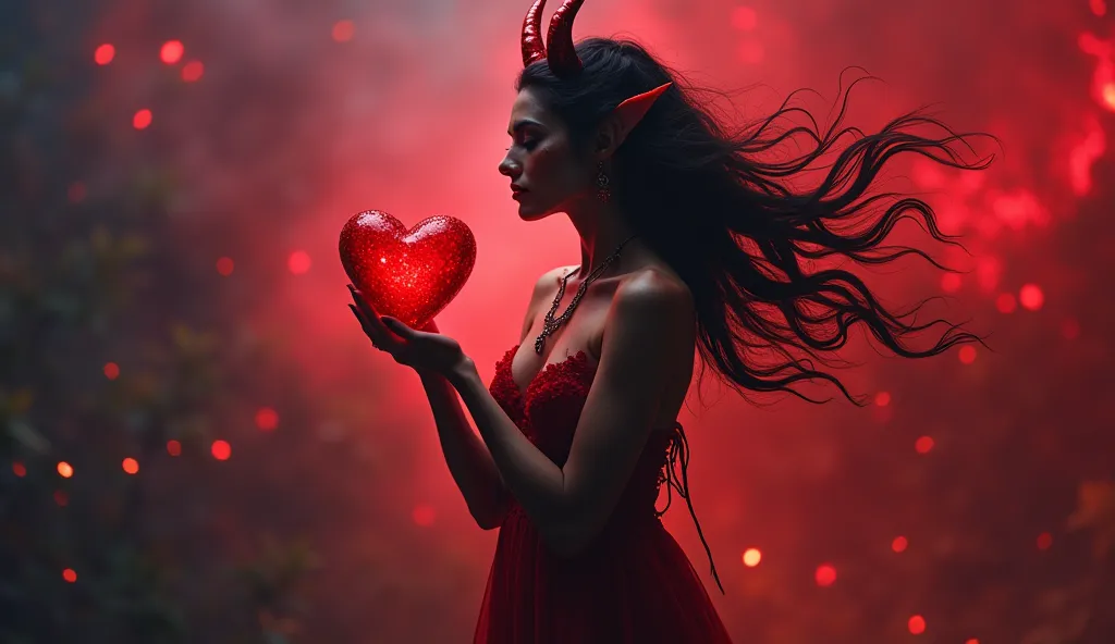 beautiful demon holding her heart in her hand, in love, vivid colors