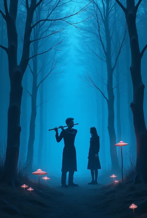 lonely blue forest . i want in the middle to be a man playing a flute in simple dress .  next to the man i want a young girl of ...