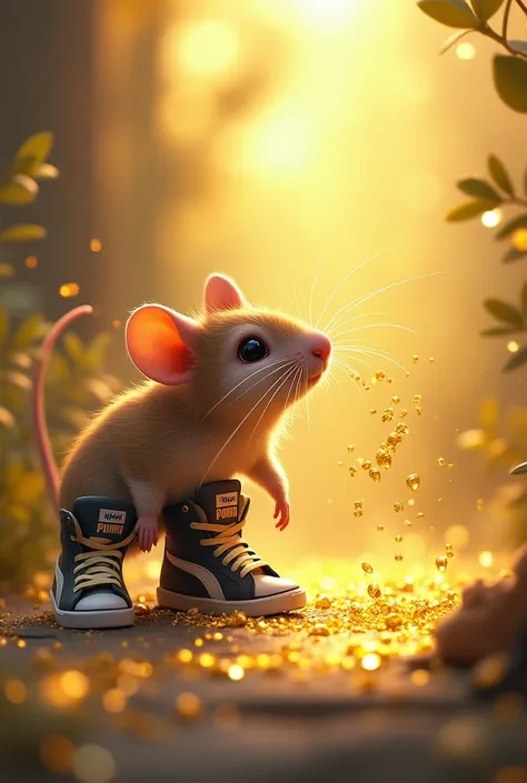 a mouse wearing puma sneakers trying to catch gold that has dissolved in the air