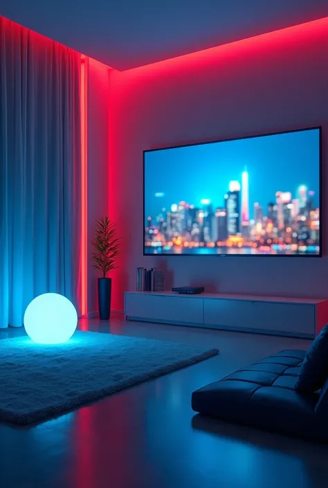 A modern, minimalistic room with vibrant blue and red ambient lighting. On the left side, a glowing blue lamp is positioned in t...