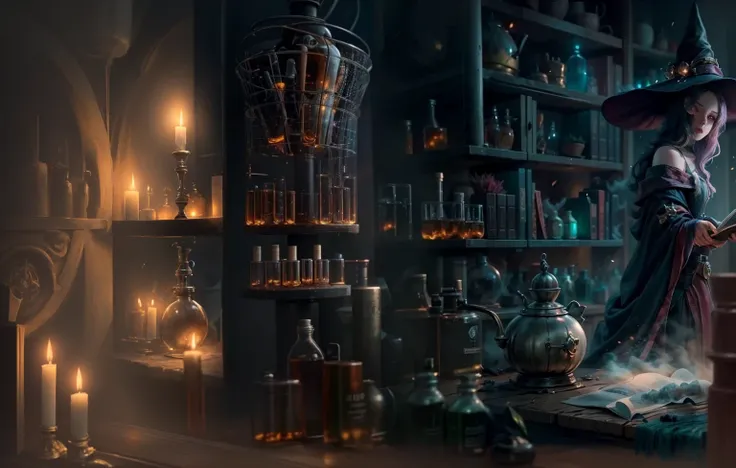 witch in a dark room with a spell book and a candle, she is in the potions workshop, casting a spell on a potion, fantasy alchem...