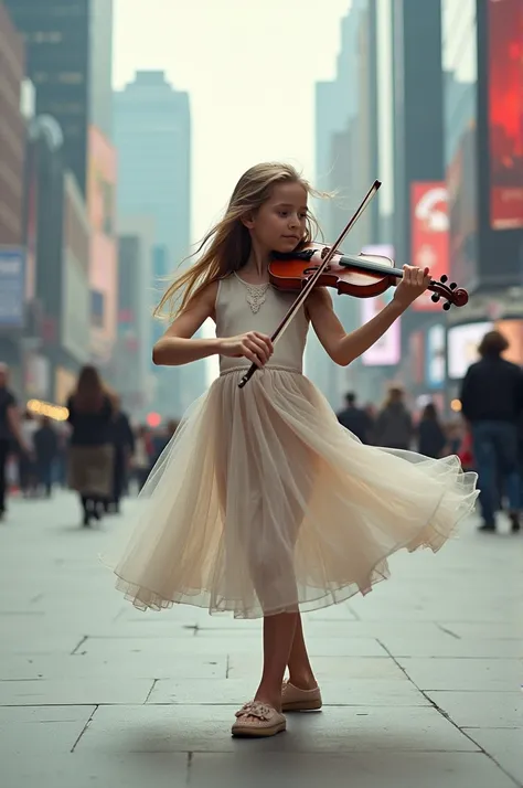 a minimalistic multiple exposure photograph of a young girl with long hair and a dress, playing the violin on a large open area ...