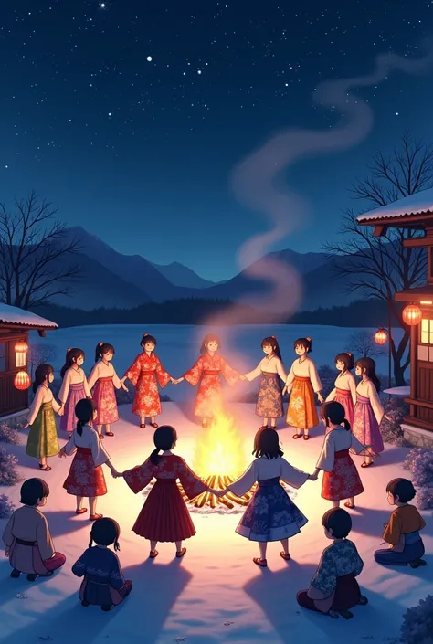 frozen, campfire, around campfire, dancing in a circle, bon odori, night, anime, super detail, best quality