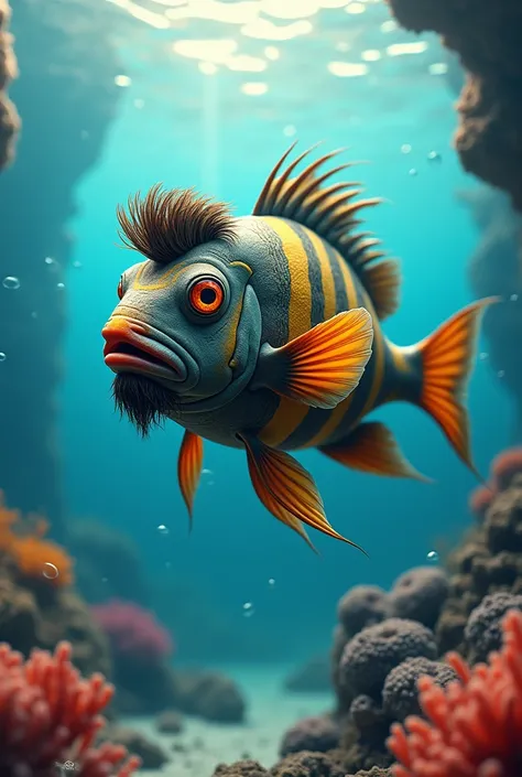 a surreal and imaginative depiction of a fish resembling lionel messi. the fish has distinct human-like features such as messi's...