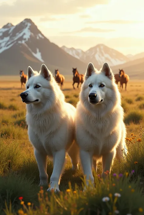 two white pyrenees and a meadow in wyoming under the rising sun with wild horses in the background