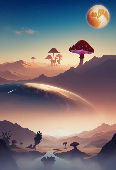 (dslr photography),  space landscape, retro, ( mysterious in another dimension),  blue sky, cosmic creatures,  big mushroom , ((...