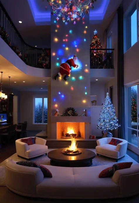 The chimney of the fireplace has picture of Santa Claus coming down the chimney, holographic Christmas tree, Christmas decoratio...
