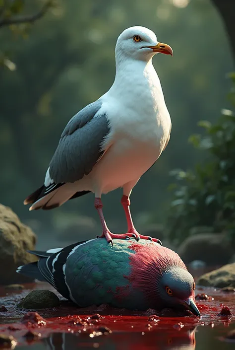 "a powerful, full-white seagull stands victoriously atop the bloodied, lifeless body of a majestic, colorful pigeon, its sharp t...