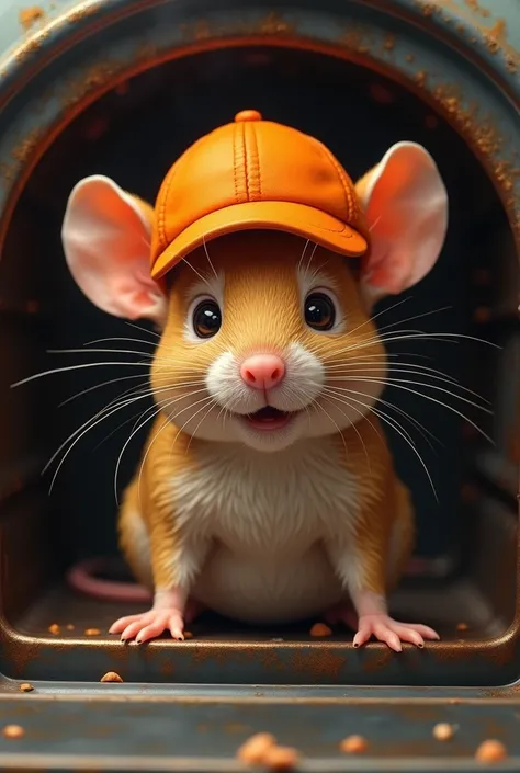 GENERATE AN IMAGE OF A MOUSE WEARING AN ORANGE CAP BEING COOKED INSIDE THE OVEN