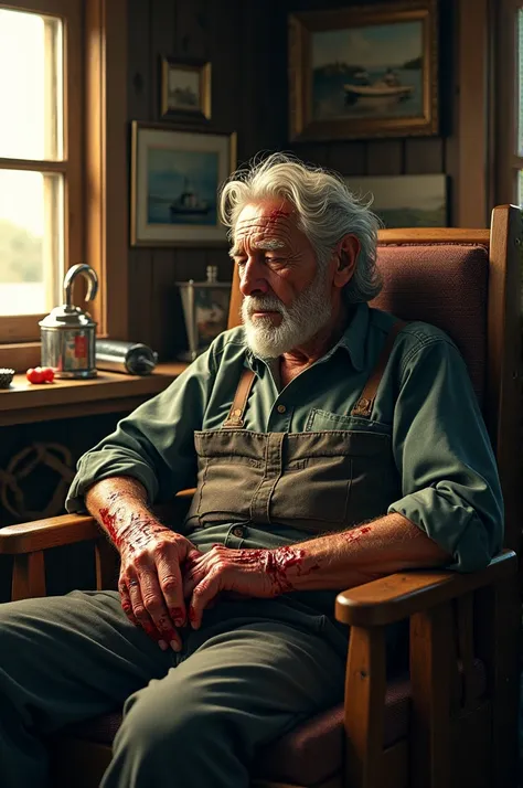 create an image of an old fisherman sleeping with his hands shattered with blood