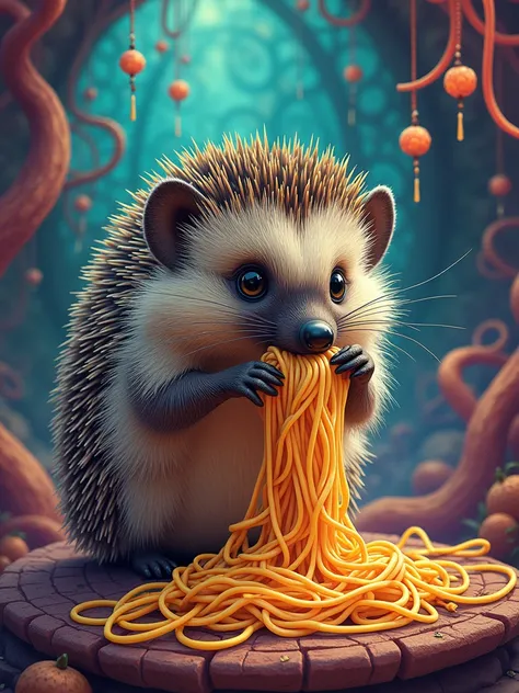 a hedgehog; eating noodles; alchemy; psychedelic; dope