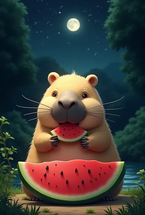 imagine a capybara eating watermelon at night