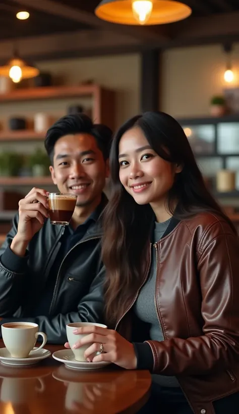 dua orang cowok dan wanita keran dengan senyuman sinis mengenakan jaket bomber kasual duduk di kafe sambil ngopi  background kaf...