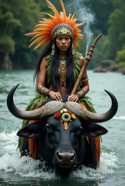 an indian woman wears a plume on her head with an indigenous headdress with green feathers,  sitting on a buffalo crossing a riv...