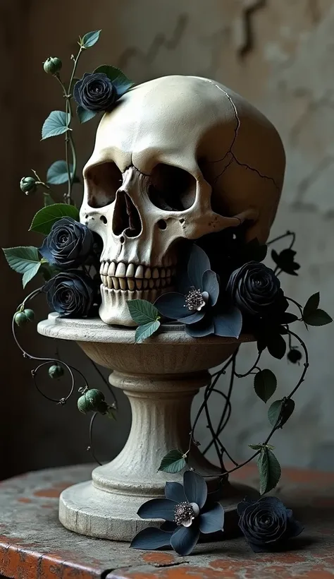 a human skull entwined with dark roses, ivy, and black orchids, placed on an old, cracked stone pedestal against a textured goth...