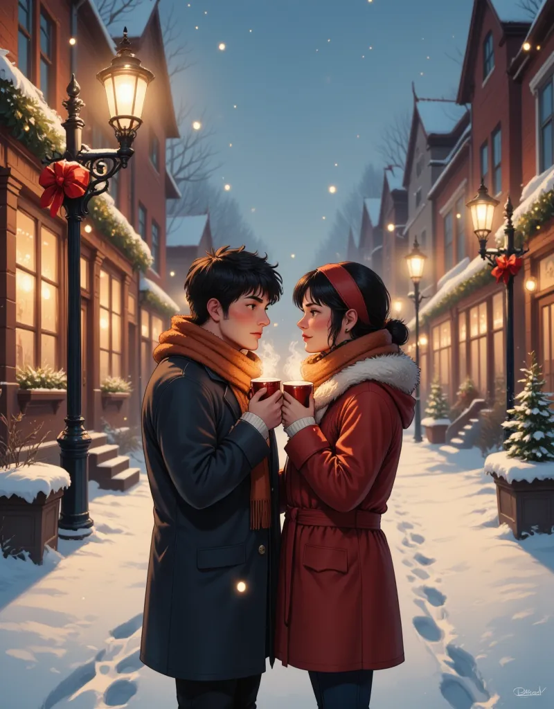 on a snowy street corner , two people sharing mufflers , breath,  warm hot chocolate,  christmas ornaments, street lights at nig...