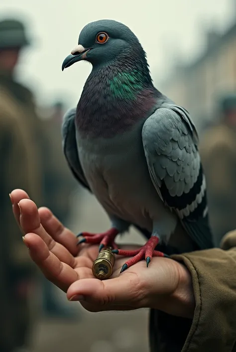 a dramatic close-up of a world war ii pigeon with a message capsule attached to its leg, sitting on a soldier's hand.

backgroun...