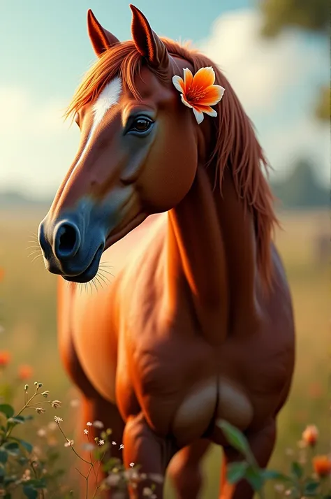 Horses, beautiful sorrel with a flower