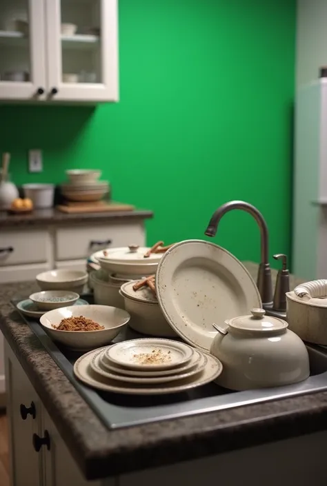 Kitchen basin with dish, kitchen, side view,green screen