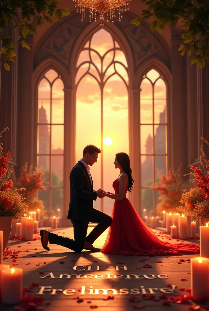 a picture of a super romantic engagement , in the great hall of a castle with large windows through which you can see the sunset...