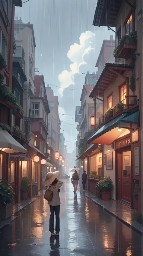 rain falling on the empty street, as the sun sets with beautiful visual effects