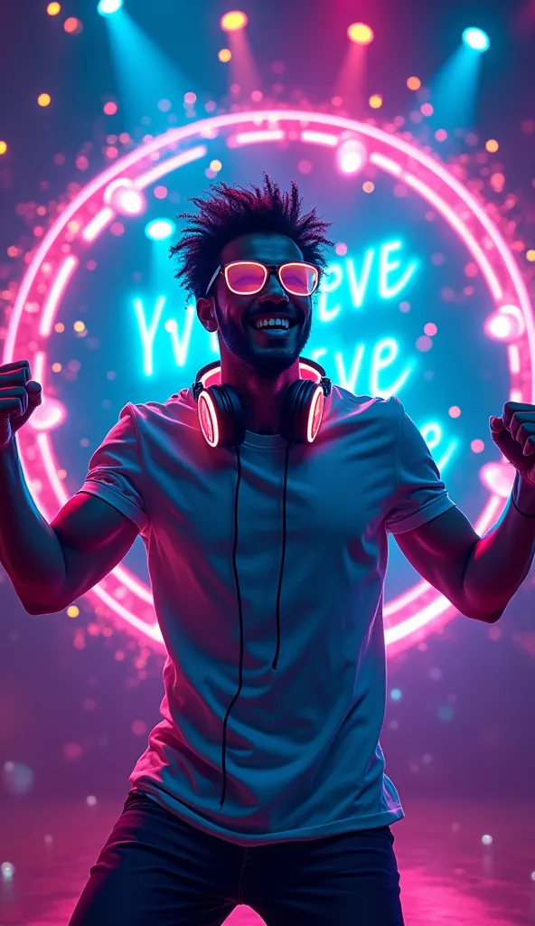 "create a vibrant and energetic t-shirt design featuring a dynamic handsome dj character . he should be mid-dance, wearing glowi...